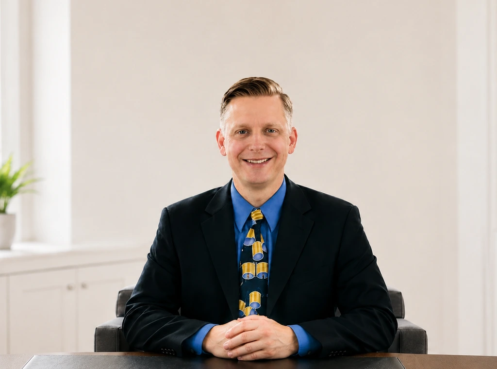 Chad Eisinger — professional headshot in navy suit and blue shirt, smiling in a bright office